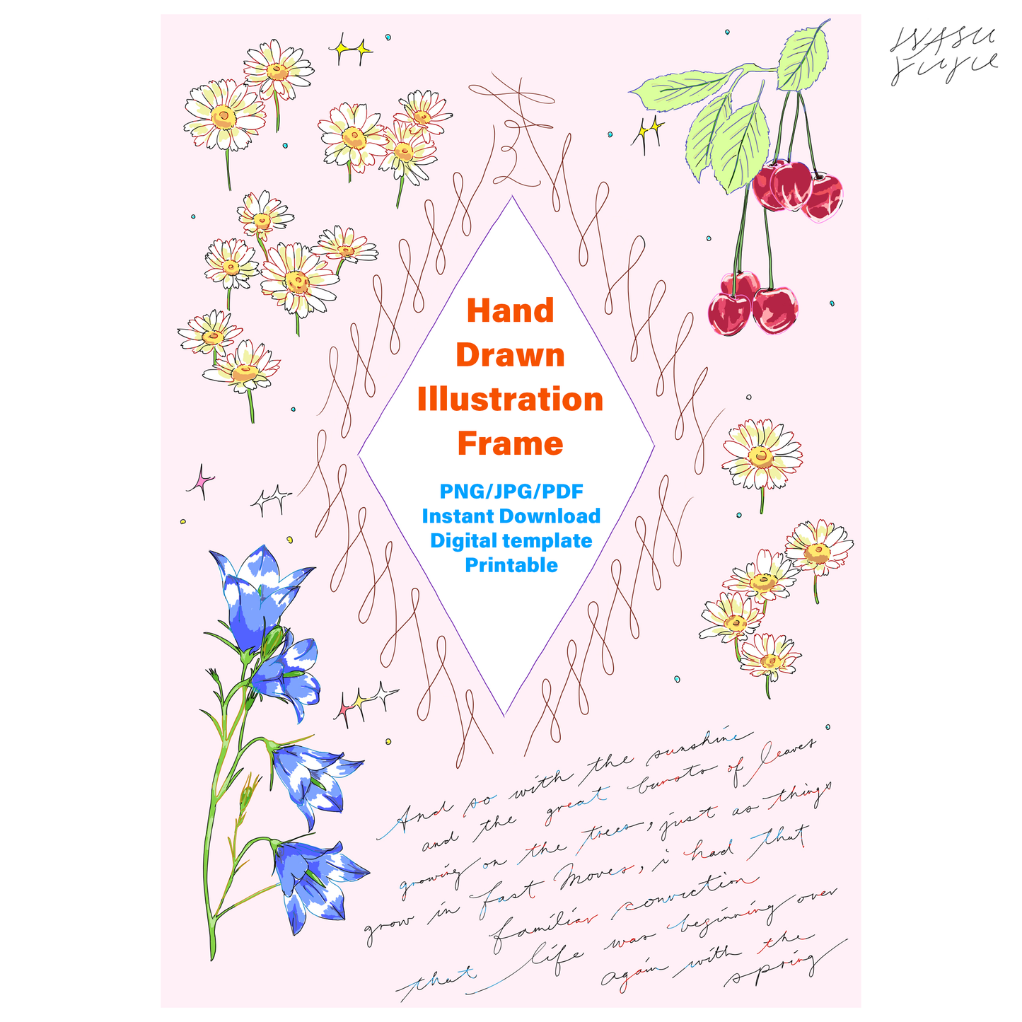 Spring Floral Portrait Frame Pink A5 | Hand Drawn Illustration (Digital Download) Template